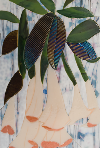 "Angel Trumpets" - Glass artwork of trumpet flowers by Karen Perieff.