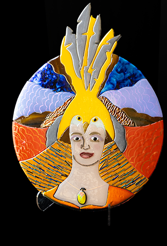 "Carnival Golden Pheasant" - Glass artwork of a woman in head-dress by Karen Perieff.