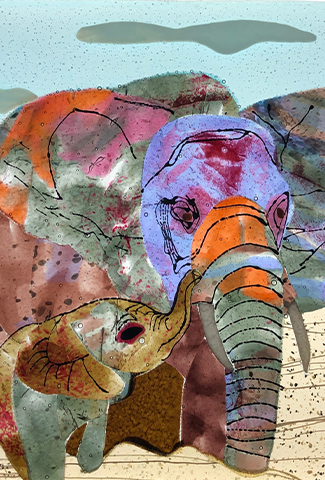 "Breezy and Trumpet" - Glass artwork of two elephants by Karen Perieff