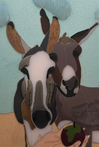 "Handsome Dudes" - Glass artwork of 2 donkeys by Karen Perieff.