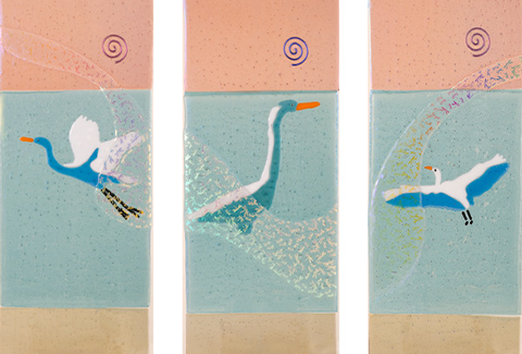 "Herons" - 3 glass art pieces of herons by Karen Perieff. 