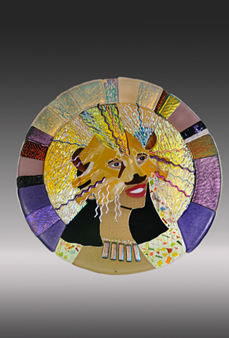 "Mardi Gras Lion" - Glass artwork of a colorful lion by Karen Perieff.