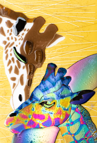 "Rainbows End" - Glass artwork of 2 giraffes by Karen Perieff.