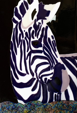 "Tux" - Glass artwork of a zebra by Karen Perieff.